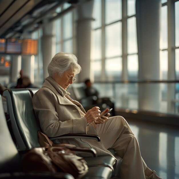 Photo elderly woman sits on green bench in airport lounge engrossed in smartphone wears beige coat glasses with brown purse resting beside terminal features large windows offering serene atmosphere