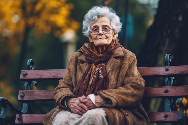 Elderly woman sitting on bench in park with her hands on her knees Generative AI