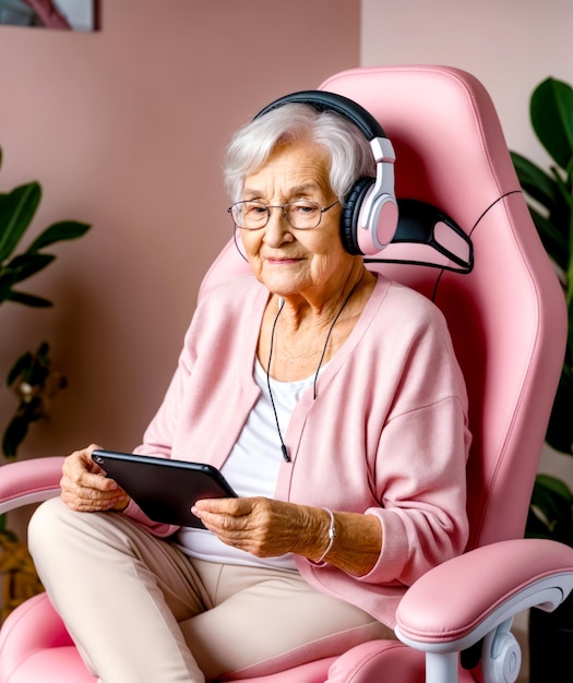 Elderly woman sitting in pink chair with headphones and tablet