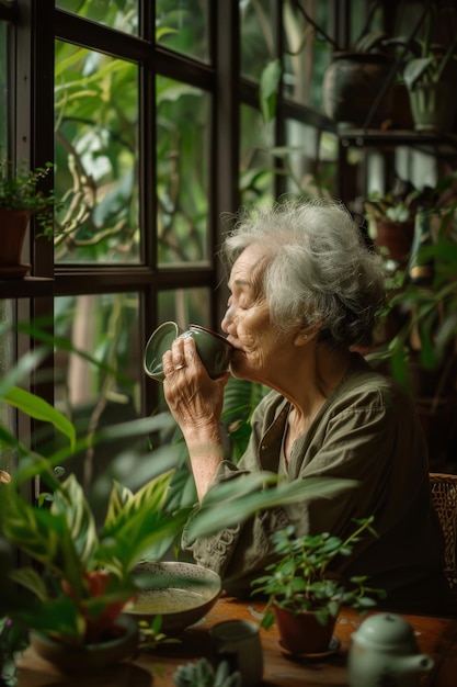 Elderly Woman Sitting at Table in Front of Window