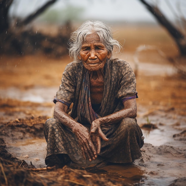 an elderly woman sitting in touch with rain in the dry season climate change