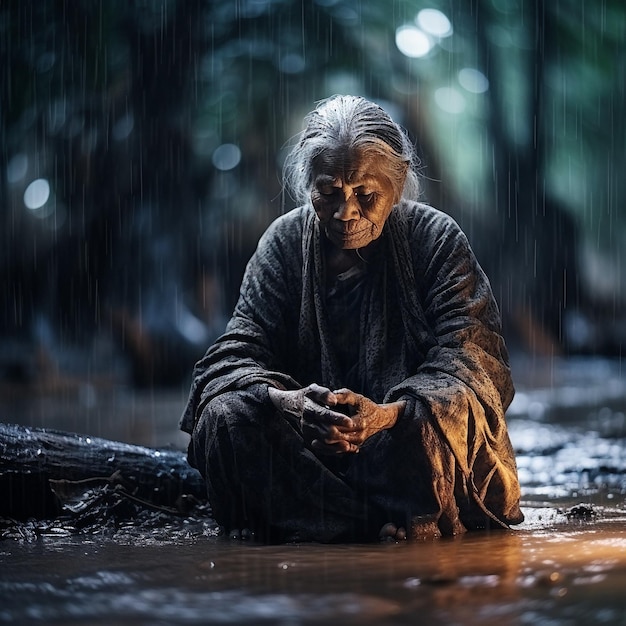 an elderly woman sitting in touch with rain in the dry season climate change