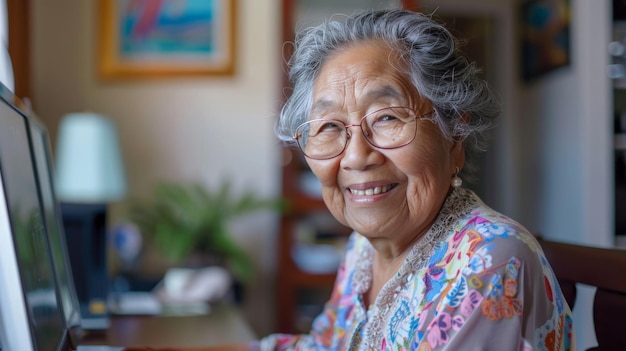 An elderly woman smiling contentedly at her computer screen having just navigated her insurance details effortlessly