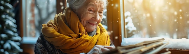 Elderly woman smiling and photographs from her youth