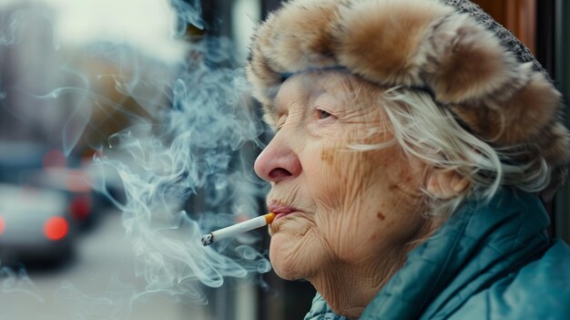 Elderly woman smoking cigarette wearing fur hat outdoors