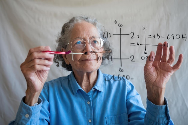 Elderly Woman Solving Math Equations Transparent Board Diversity Education Lifelong Learning