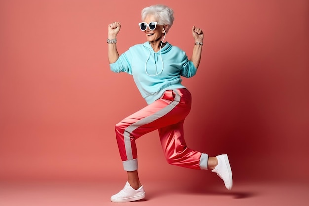 Elderly woman in sports clothing doing some fun dance moves