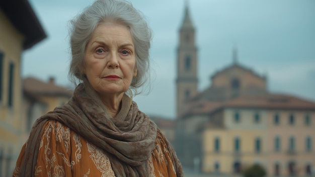 Photo elderly woman standing in front of a church in italy