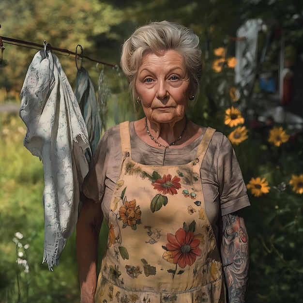 Photo an elderly woman stands in front of a clothes line