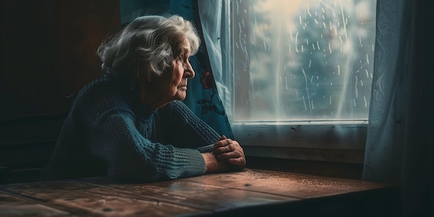 Elderly woman staring out of foggy window capturing the essence of nostalgia