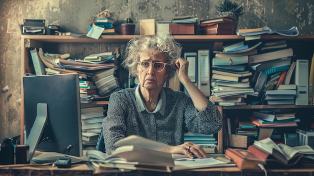 Photo an elderly woman surrounded by stacks of books in a cluttered room looks bewildered portraying a scene of intellectual chaos or research overload