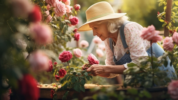 Elderly woman tending roses in a garden