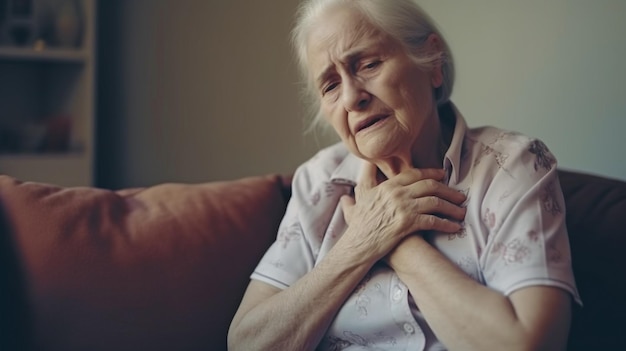 Elderly woman a terrible heartache while lying on the couch aging health issues and a low quality of life The Generative AI