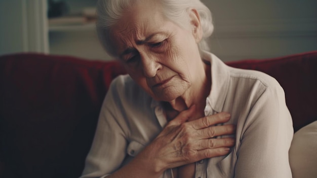 Elderly woman a terrible heartache while lying on the couch aging health issues and a low quality of life The Generative AI