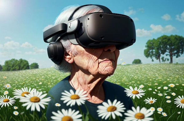 Elderly woman in VR goggle against background of a field with daisies Portrait of pensioner in virtual reality glasses Concept of artificial reality