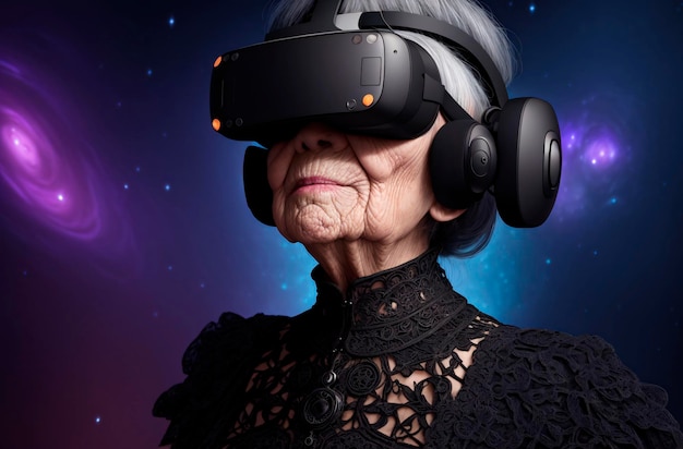 Elderly woman in VR goggle on background of space Portrait of happy retired lady in virtual reality glasses Generative AI