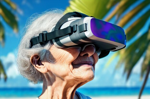 Elderly woman in VR goggle on background of tropic Portrait of happy retired lady in virtual reality glasses Concept of artificial reality Generative AI