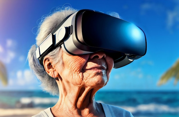 Elderly woman in VR goggle on background of tropic Portrait of happy retired lady in virtual reality glasses Concept of artificial reality Generative AI