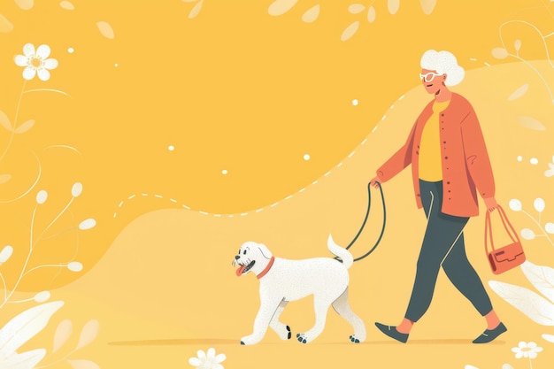 Elderly Woman Walking Dog Bright Yellow Background Senior Lifestyle Concept