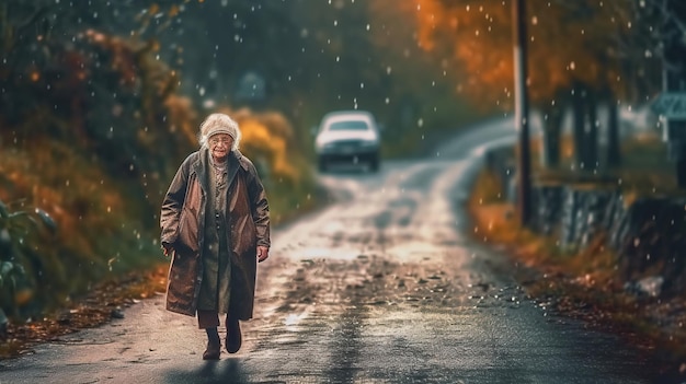 An elderly woman walking down a road in the rain