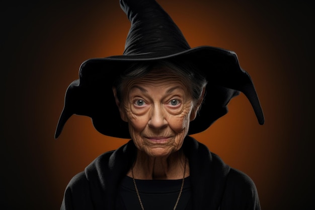 An elderly woman wearing a classic witch hat This image can be used for Halloweenthemed designs or to represent a mysterious and enchanting character