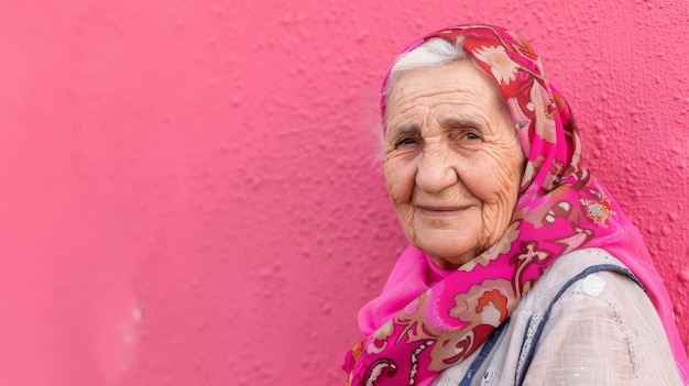 Elderly woman wearing headscarf smiling against pink wall