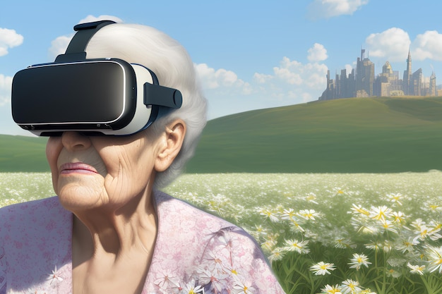 An elderly woman wearing a virtual reality headset in front of a castle.