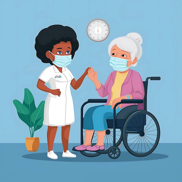 An elderly woman in a wheelchair and African american nurse in a face mask