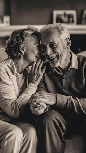 Elderly woman whispering secret to smiling husband