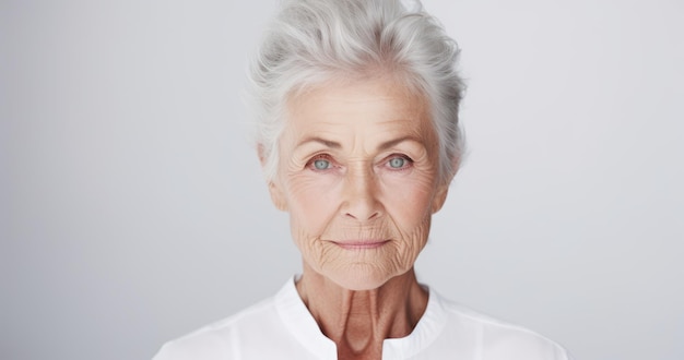 Elderly Woman in White Shirt on White Background AI Generated