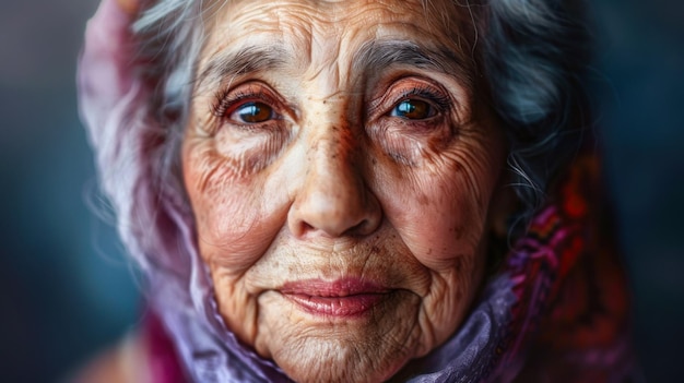 Elderly woman with brown eyes closeup portrait