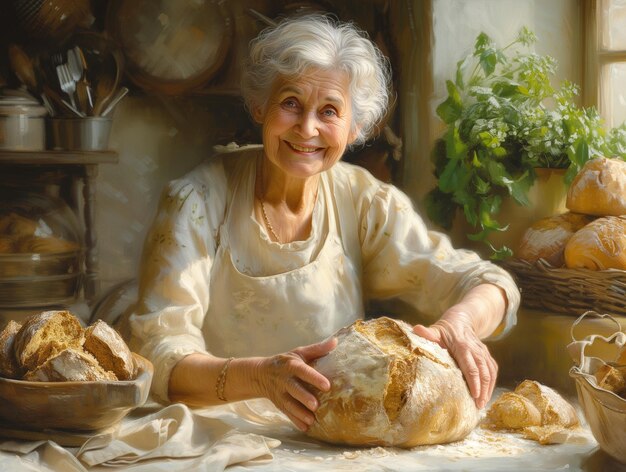 Elderly Woman with Fresh Bread in Sunlit Room