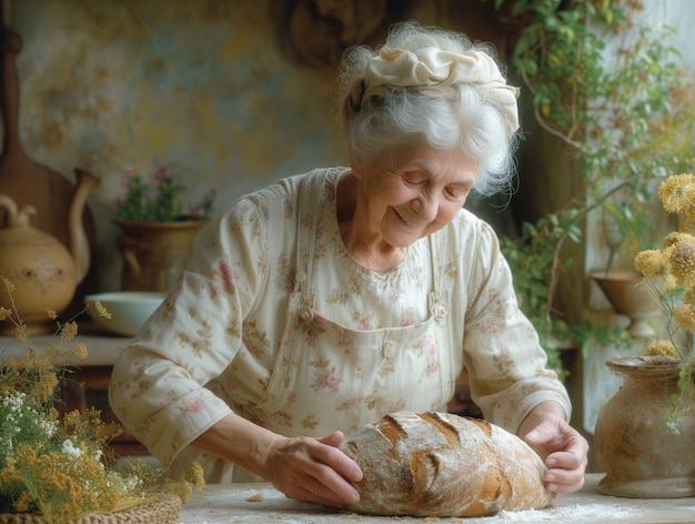 Elderly Woman with Fresh Bread in Sunlit Room