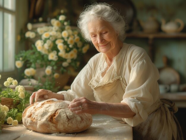 Elderly Woman with Fresh Bread in Sunlit Room