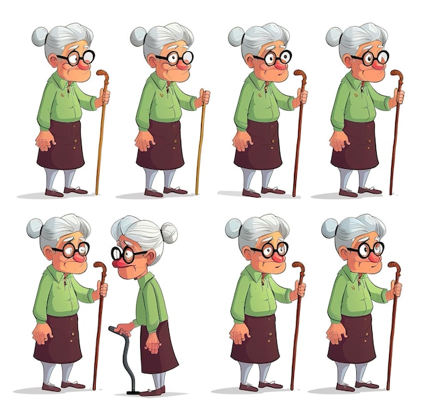 Photo elderly woman with glasses and cane in poses front and side view cartoon illustration