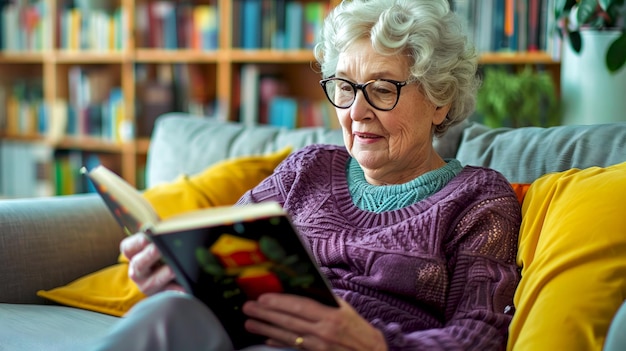 Photo elderly woman with glasses reading a book on a cozy couch with yellow cushions the image depicts a calm relaxing environment at home ai