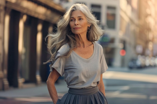 Elderly Woman with Gray Hair Walking in Urban Cityscape with Buildings in Background