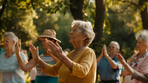 Photo an elderly woman with grey hair and a yellow shirt is clapping with other people in the background