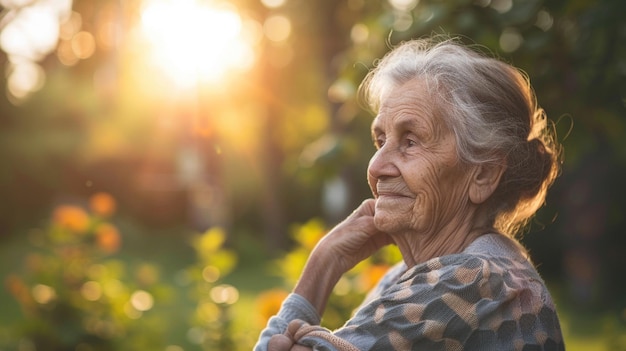 an elderly woman with a hand on her chin looks at the sun in the background