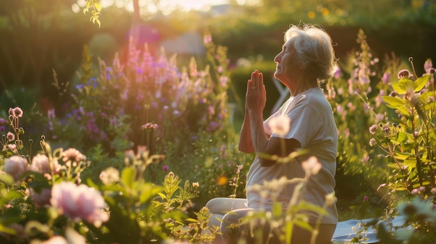 Photo an elderly woman with hands in prayer surrounded by lush flowers and bathed in the warm glow of a garden at sunset