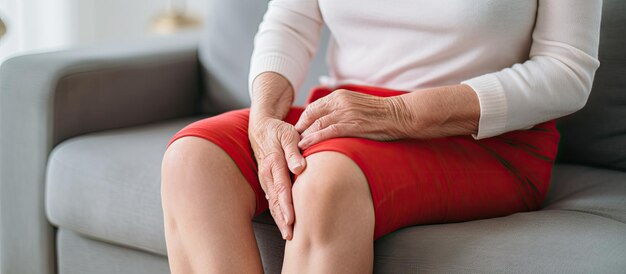 Elderly woman with knee pain due to rheumatoid disease sitting at home feeling sick