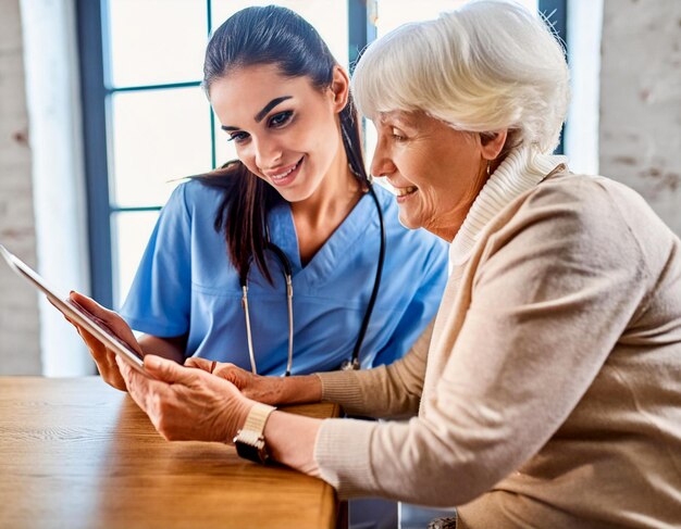 Photo elderly woman with nurse female at home looking at tablet computer