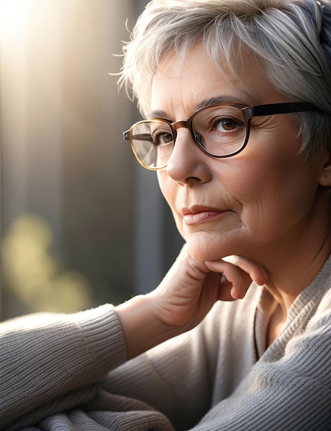 elderly woman with short gray hair wearing black framed glasses over morning light