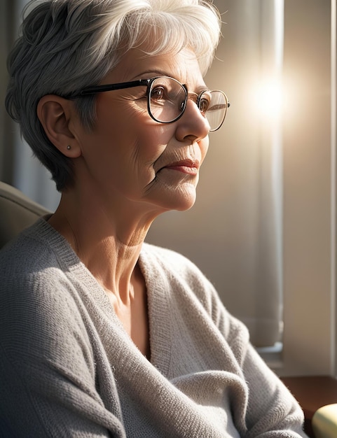 elderly woman with short gray hair wearing black framed glasses over morning light