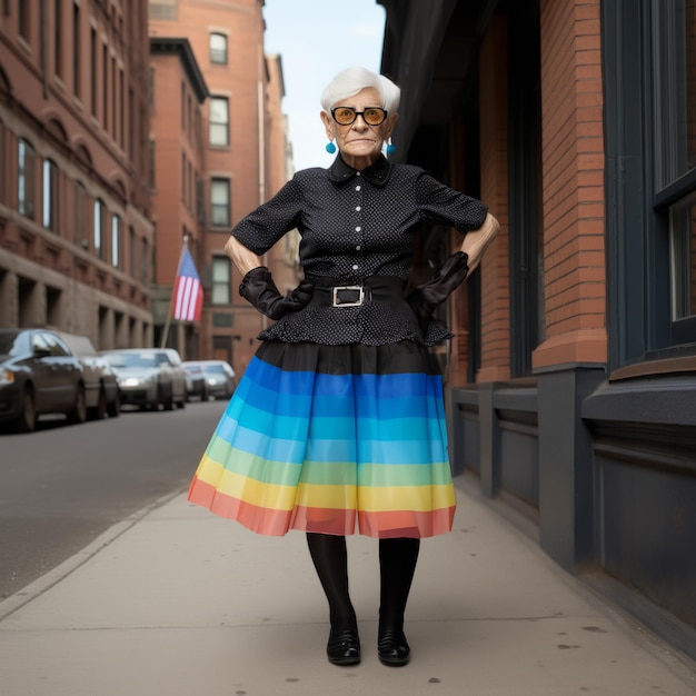 An elderly woman with a slender frame wears a black skirt blue blouse and high socks including socks in the colors of the LGBT pride flag