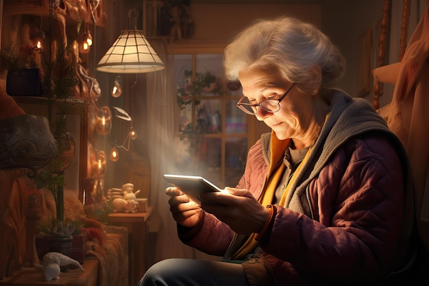 Elderly woman with a smartphone in a chair