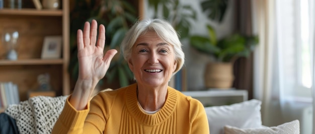 Elderly woman with a warm smile waving hello during a video call at home