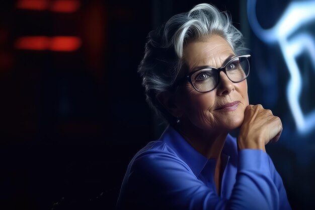 An elderly woman with white hair in a light casual shirt with neon light in the background