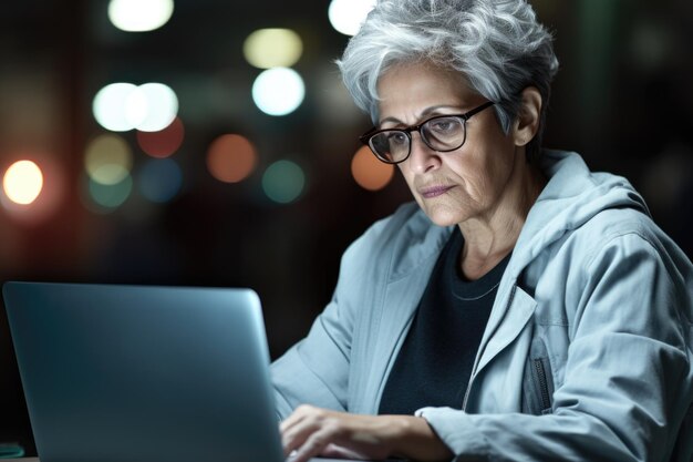 Elderly woman working on laptop late at night