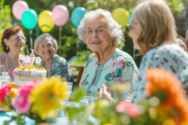 Photo elderly women enjoying a birthday celebration outdoors with cake balloons and colorful flowers